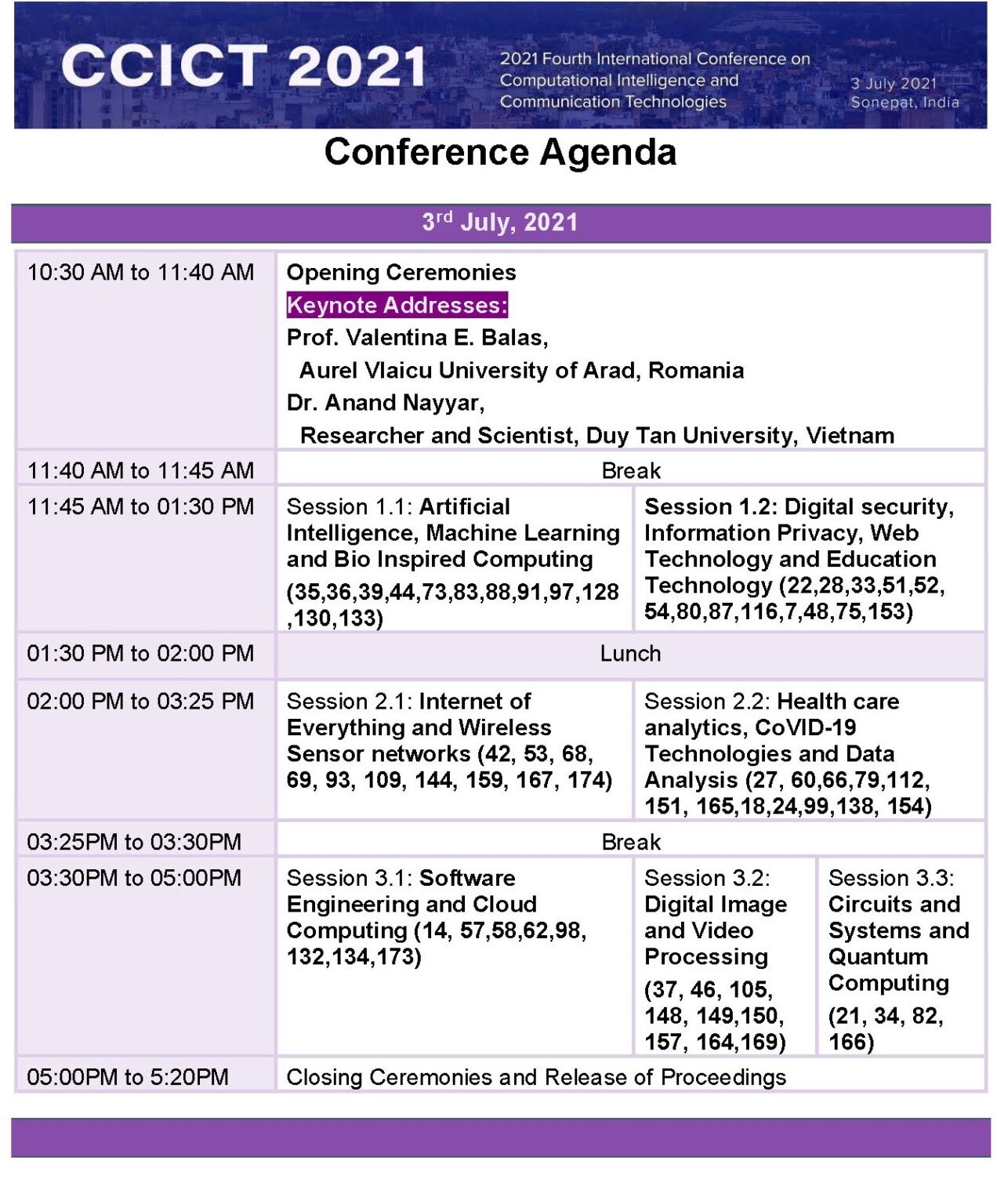 Conference Schedule – CCICT 2021 – INDIA